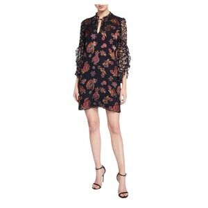 Alice Olivia Black Floral‎ Print Sheer Ruffle Sleeve Tie Neck Mini Dress Size XS